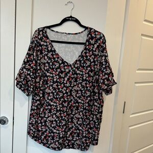 New York & Company Floral V-Neck Blouse - Black and Red